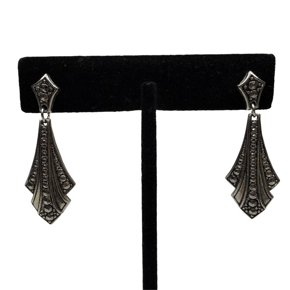 Vintage Art Deco Style Marcasite Fan Drop Dangle Earrings Silver Tone 1.5 in